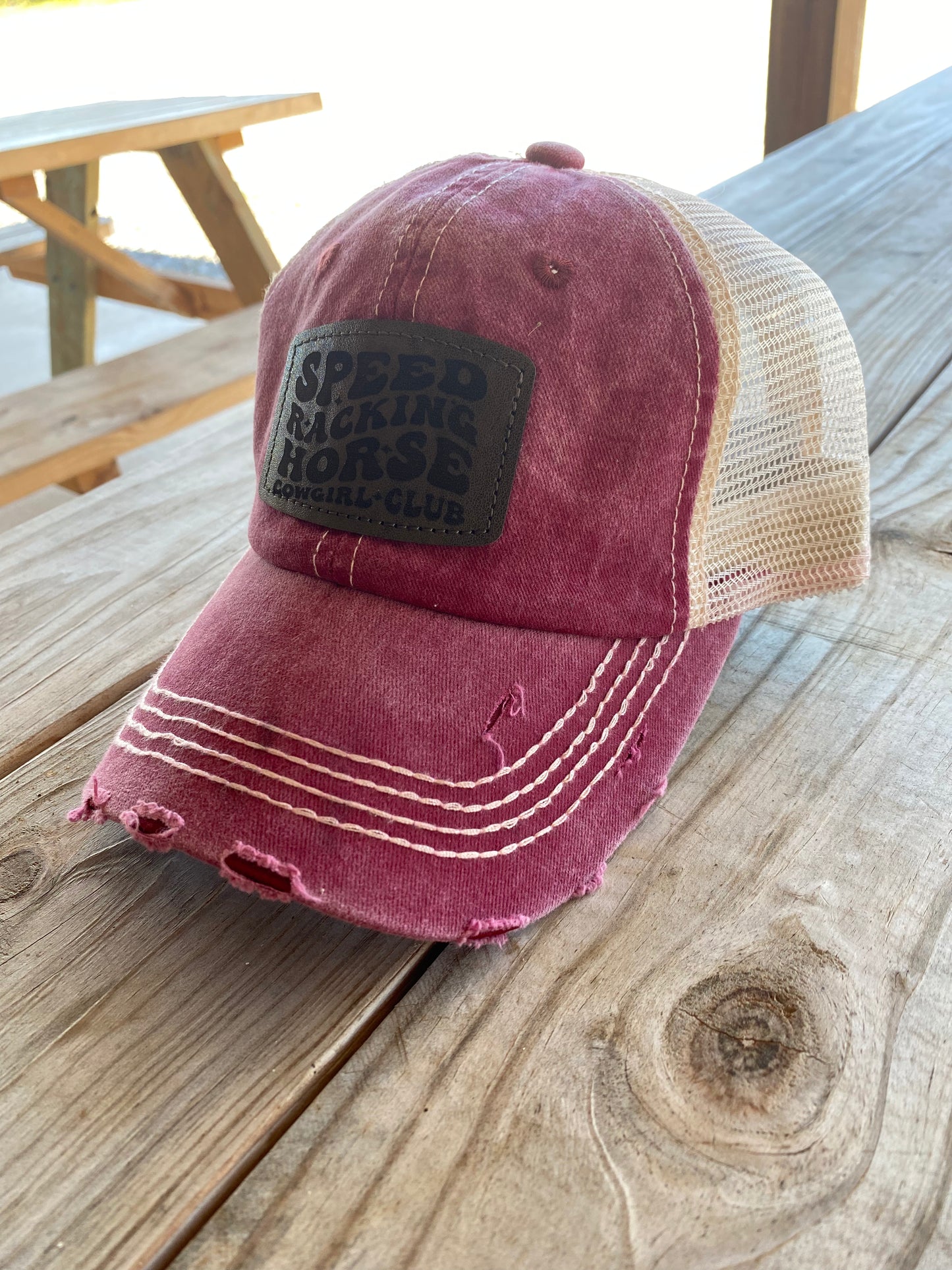 SPEED RACKING Vintage Maroon Distressed Hat with Beige Mesh