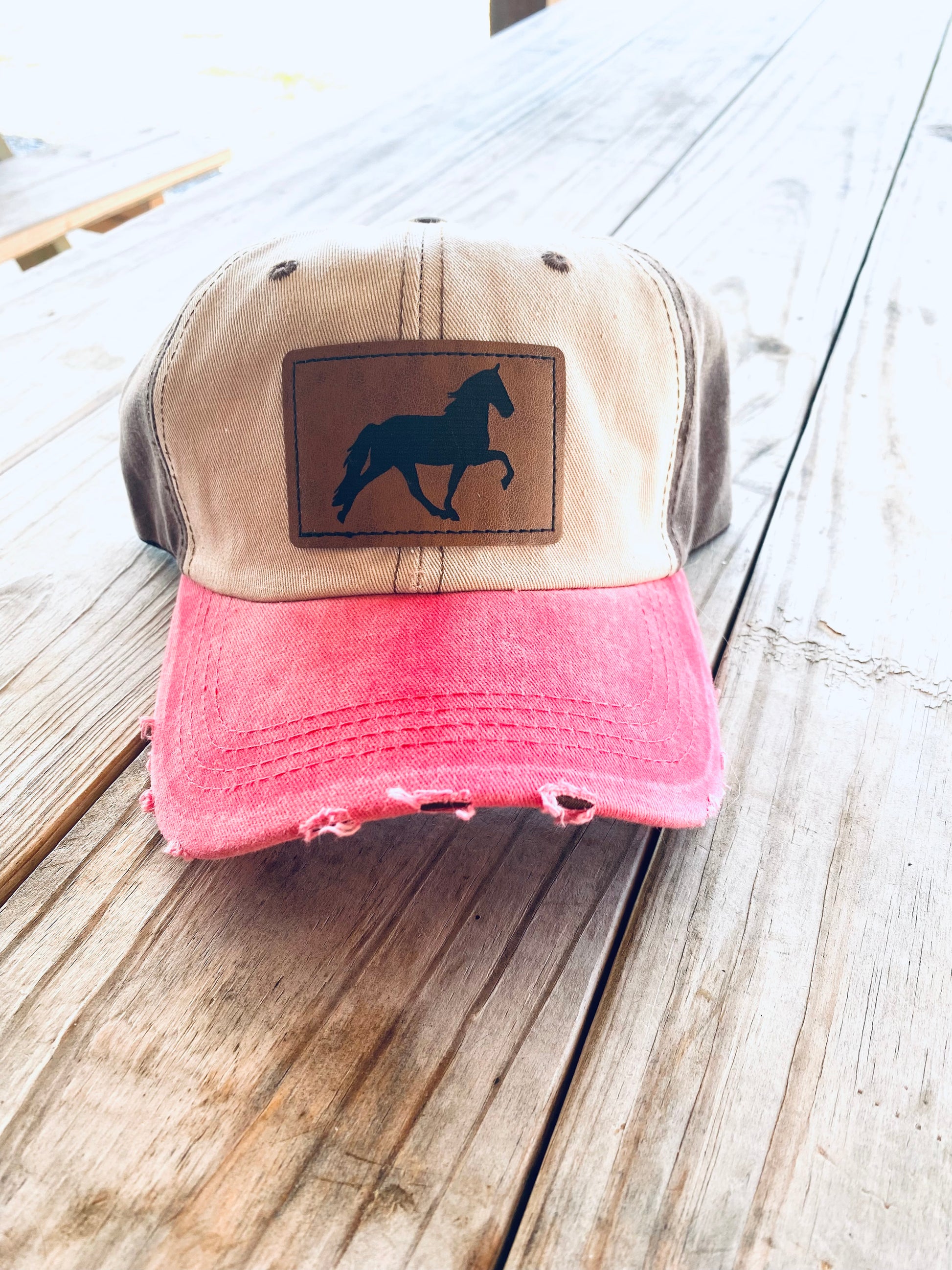 WALKING HORSE Distressed Tan, Brown and Coral Cap