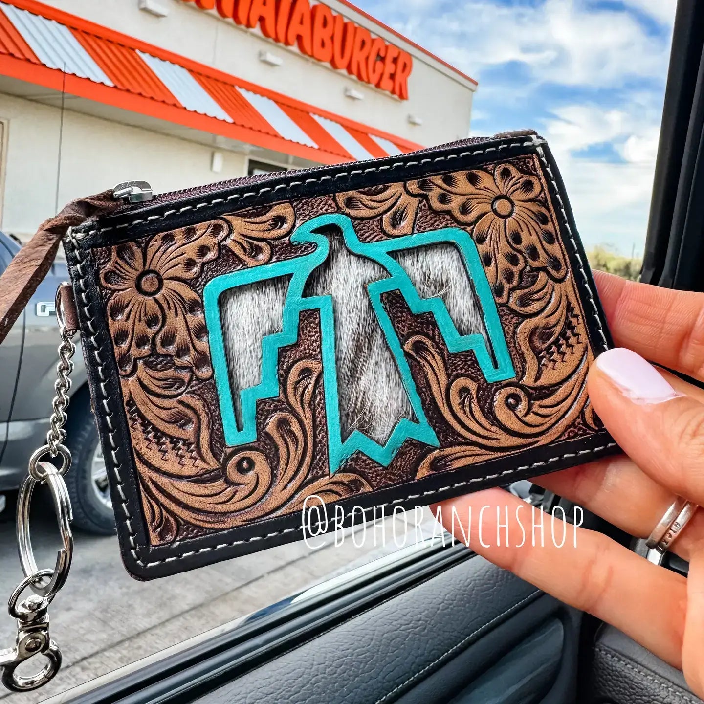 Western Cowhide Leather Keychain Wallet Longhorn Thunderbird