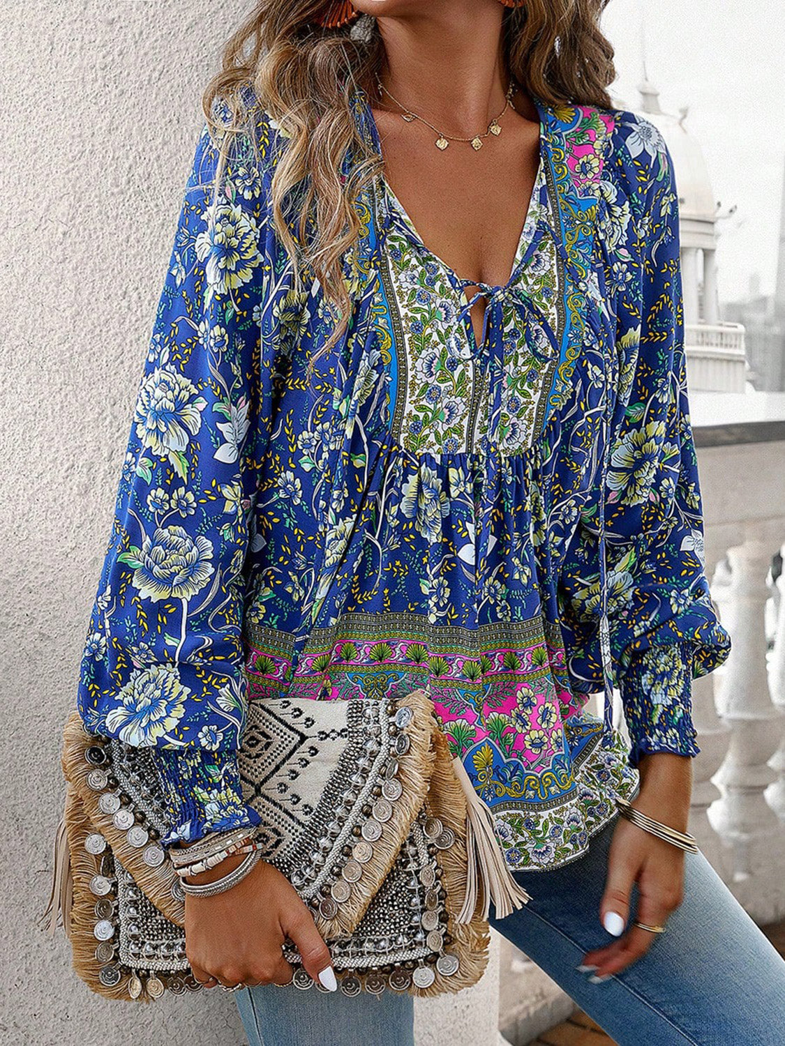 The Devine Bohemian Tie Neck Lantern Sleeve Blouse