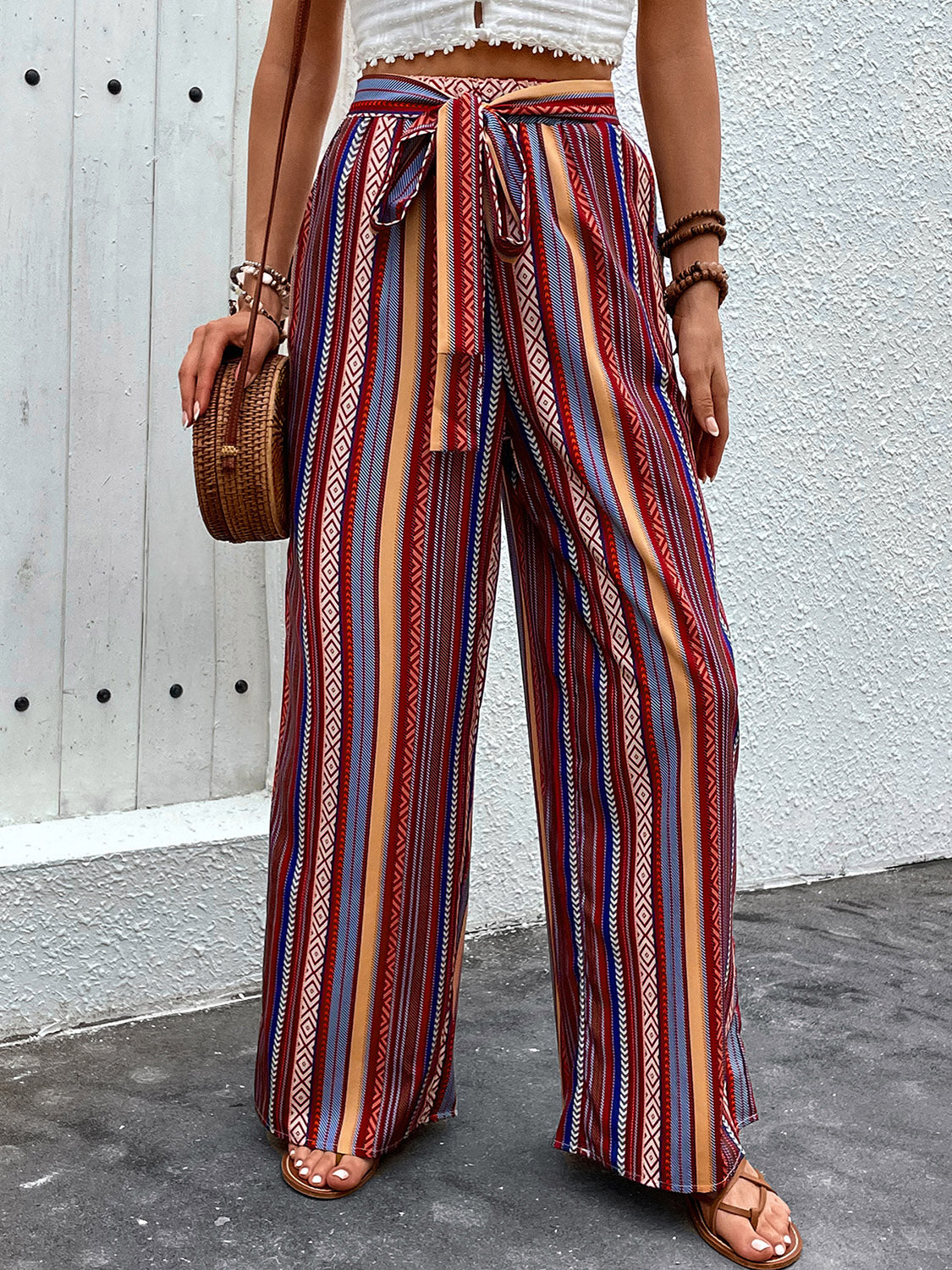 Boho Bae Tied Geometric Wide Leg Pants