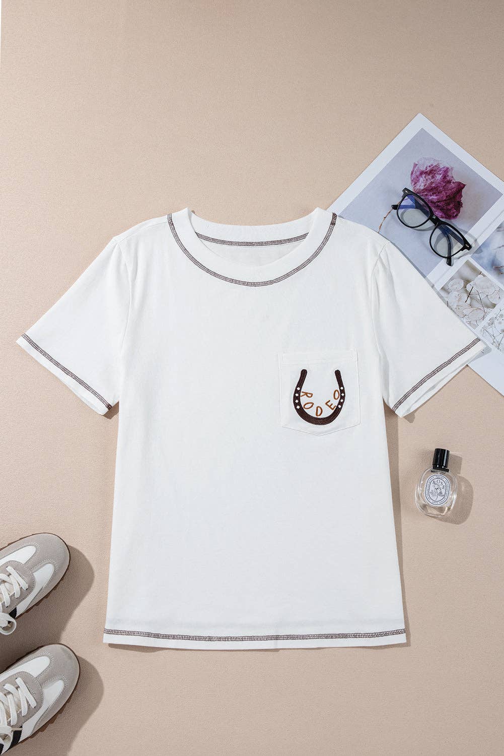 White Classic RODEO Western Patch Pocket T-Shirt