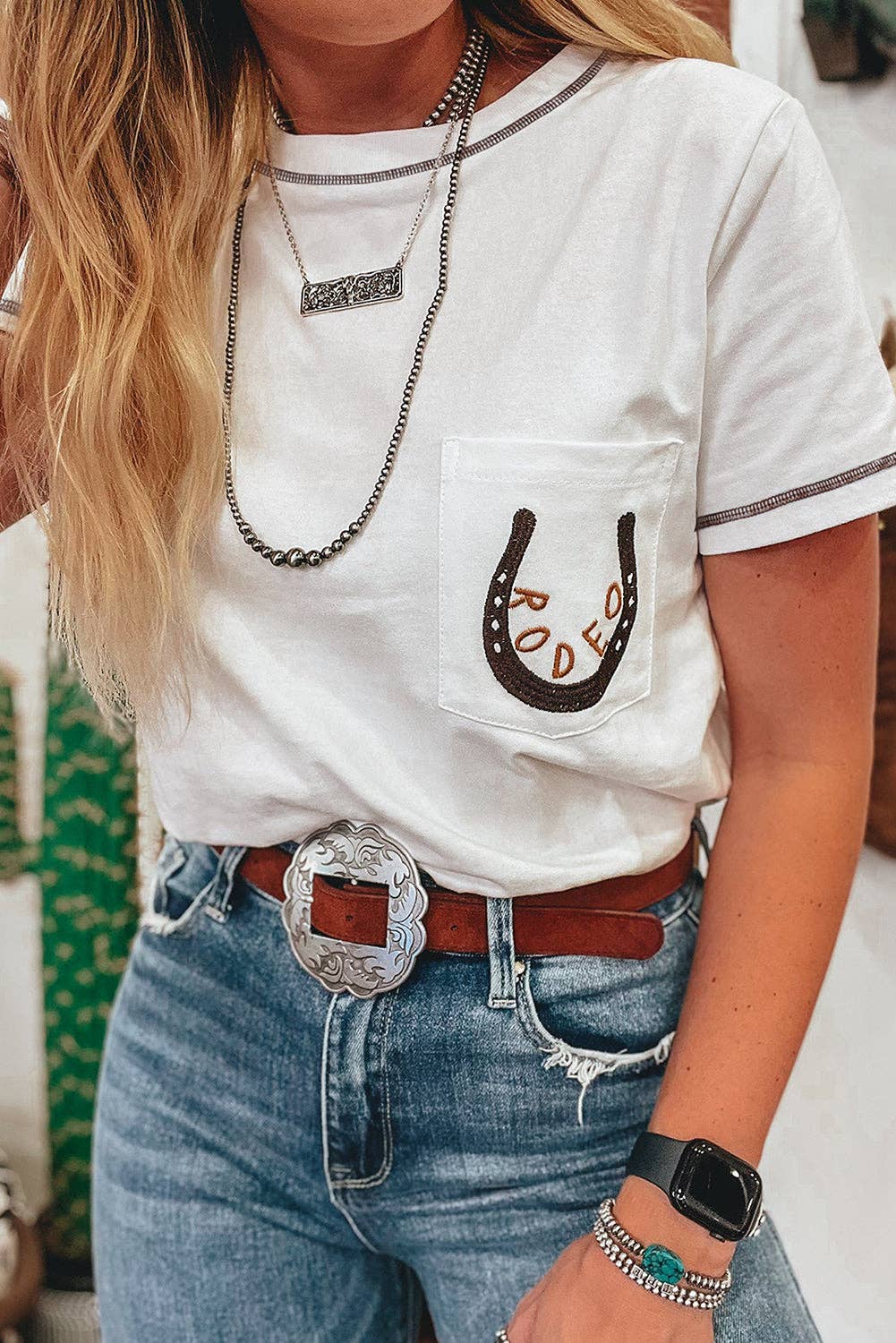 White Classic RODEO Western Patch Pocket T-Shirt