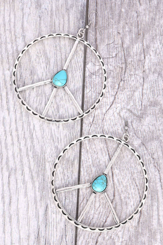 WESTERN TURQUOISE PEACE SIGN OPEN CIRCLE EARRINGS