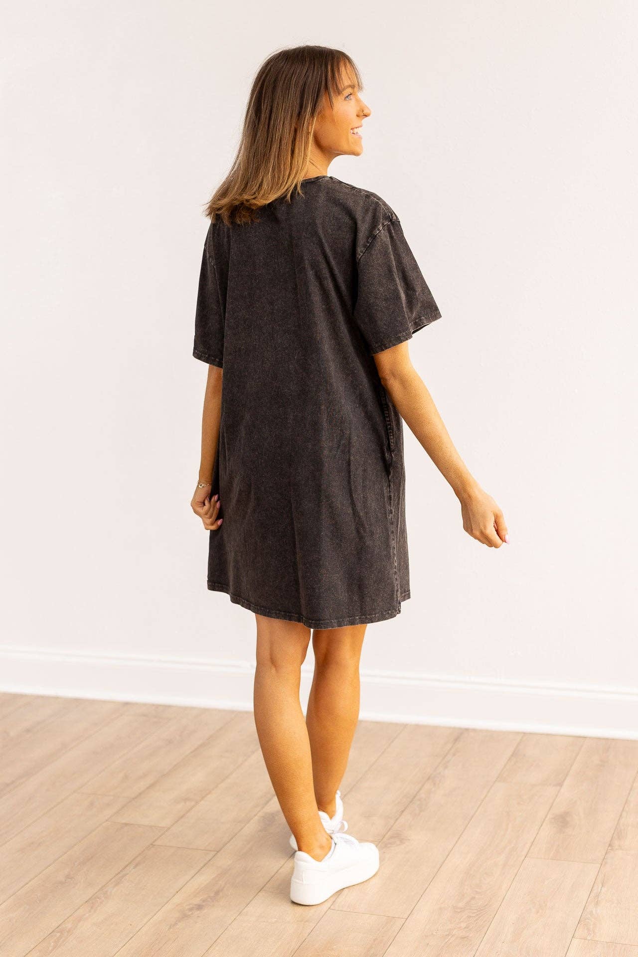 STAY WILD CAVENDERS Black Wash Tee Shirt Dress With Pockets