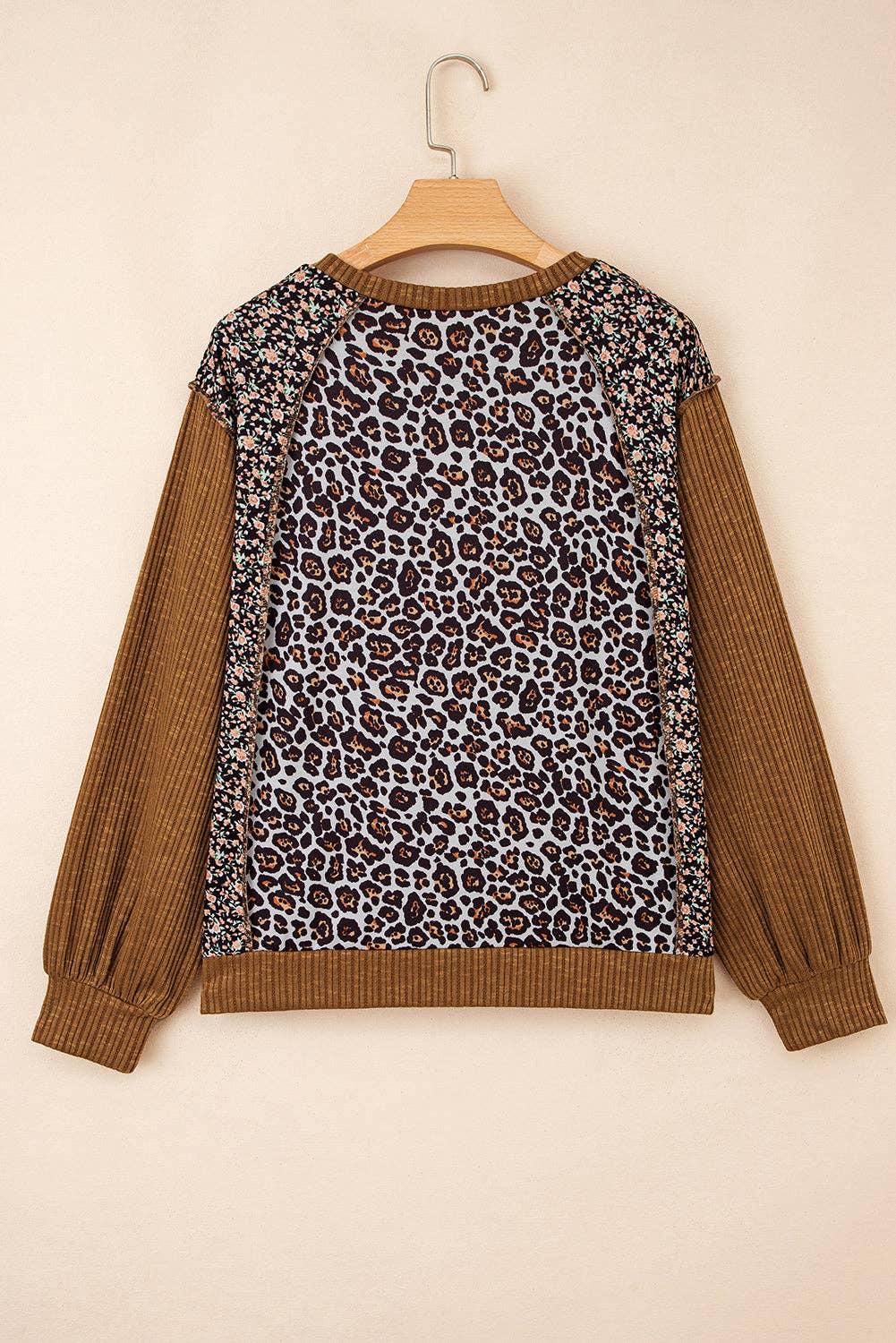 Leopard Floral Patchwork Ribbed Puff Sleeve Top