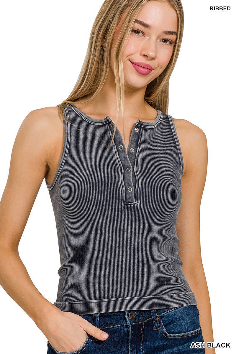 Washed Ribbed Button -up Tank Top
