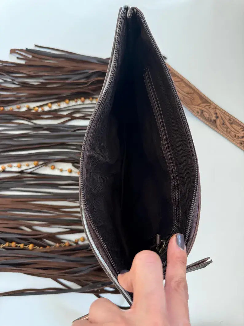 DIXIE CROSSBODY Cowhide Western Tooled Leather Fringe Purse