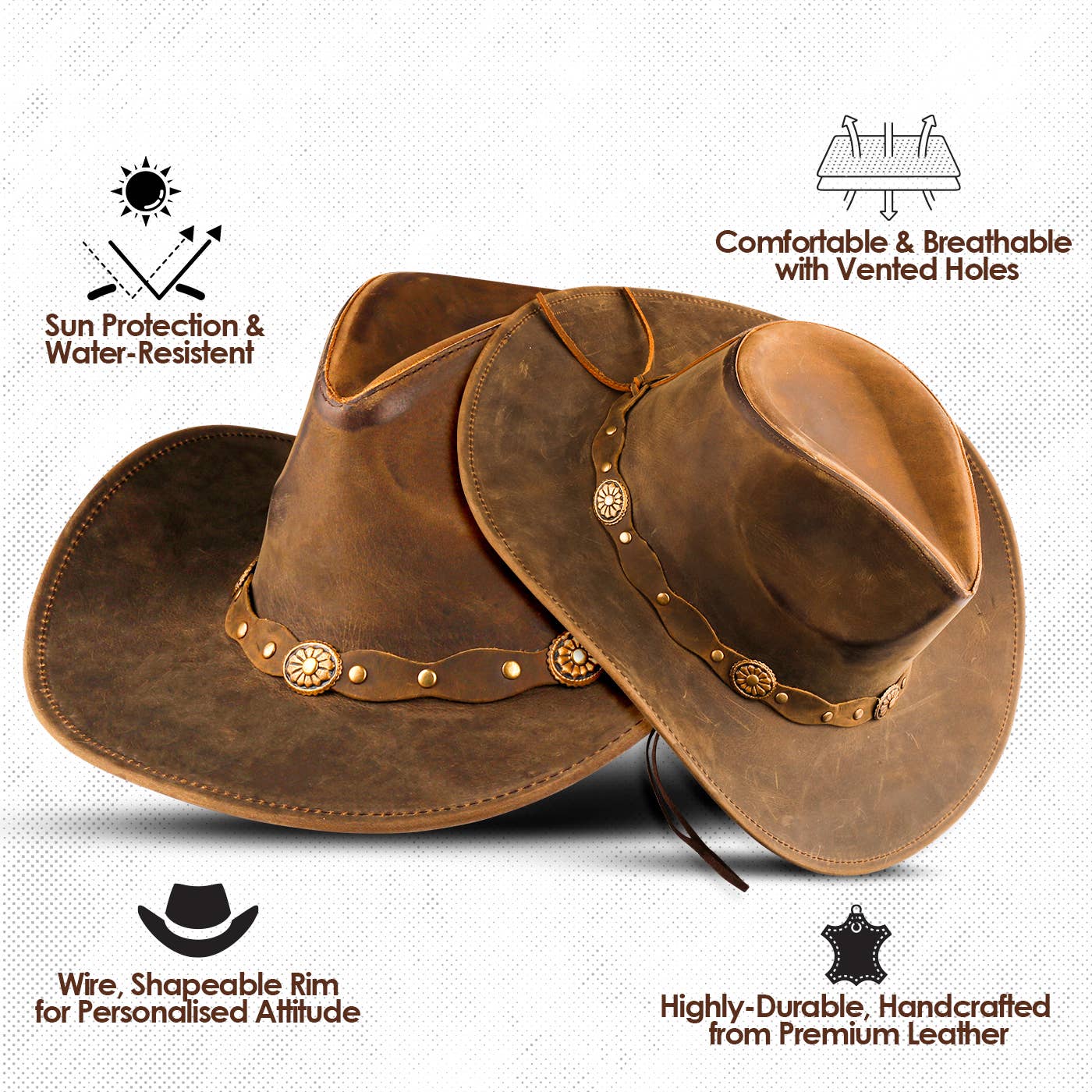 THE ROWDY HADZAM Shapeable Brown Wide Brim Western Leather Cowboy Hat