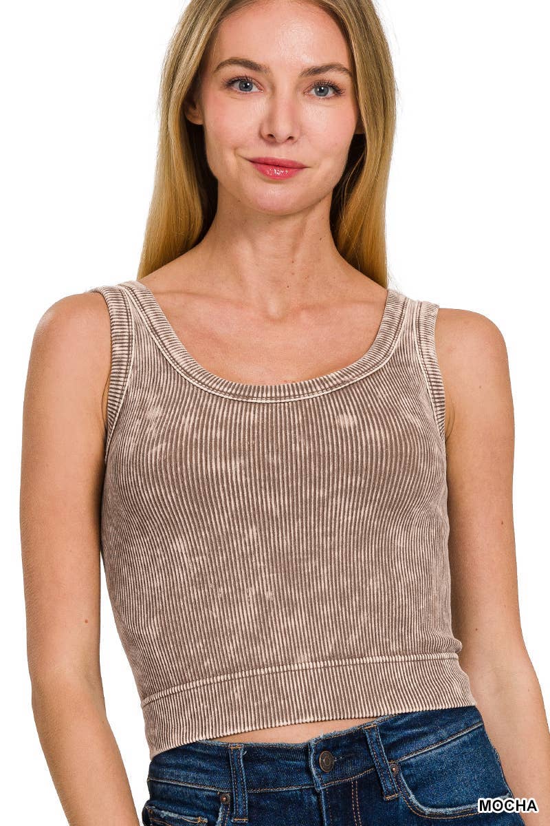 Washed Ribbed Cropped Seamless Scoop Neck Tank Top