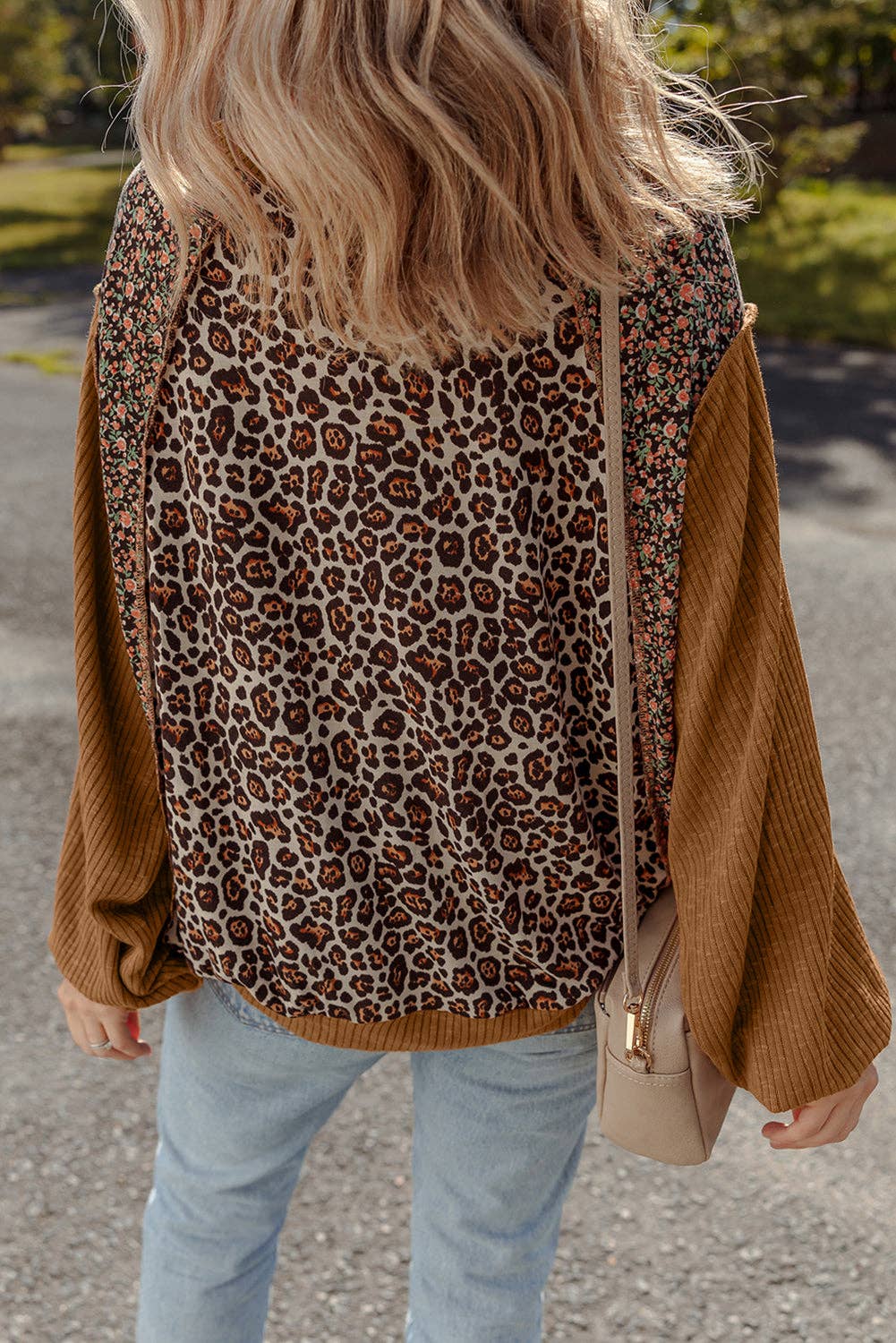 Leopard Floral Patchwork Ribbed Puff Sleeve Top