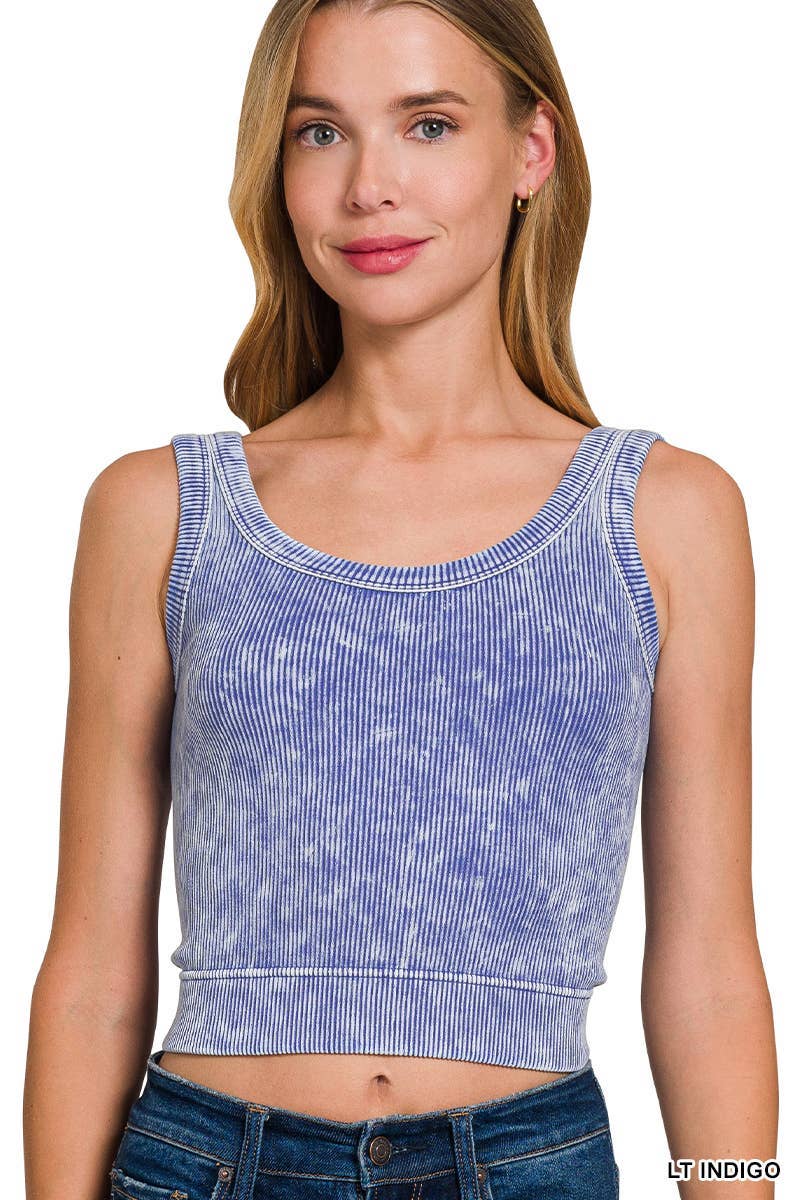 Washed Ribbed Cropped Seamless Scoop Neck Tank Top