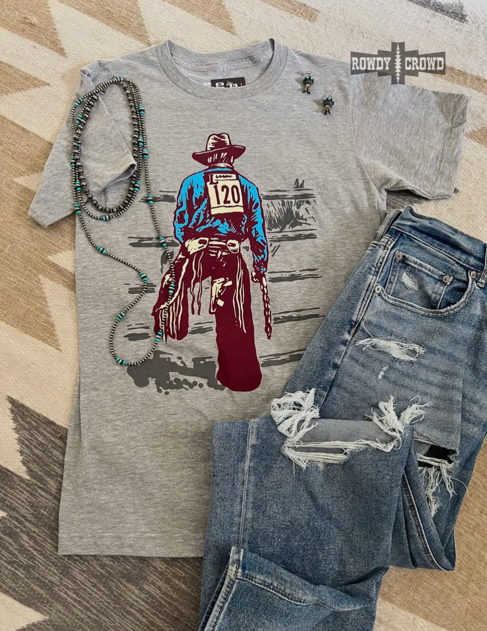 Rodeo cowboy western t-shirt shirt tshirt gray top blue