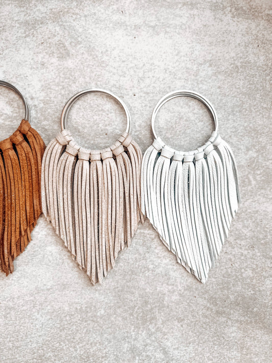 white leather fringe earrings hoops boho cowgirl